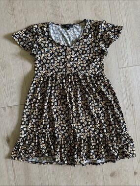 Floral Button-Front Mini Dress in Black and Cream